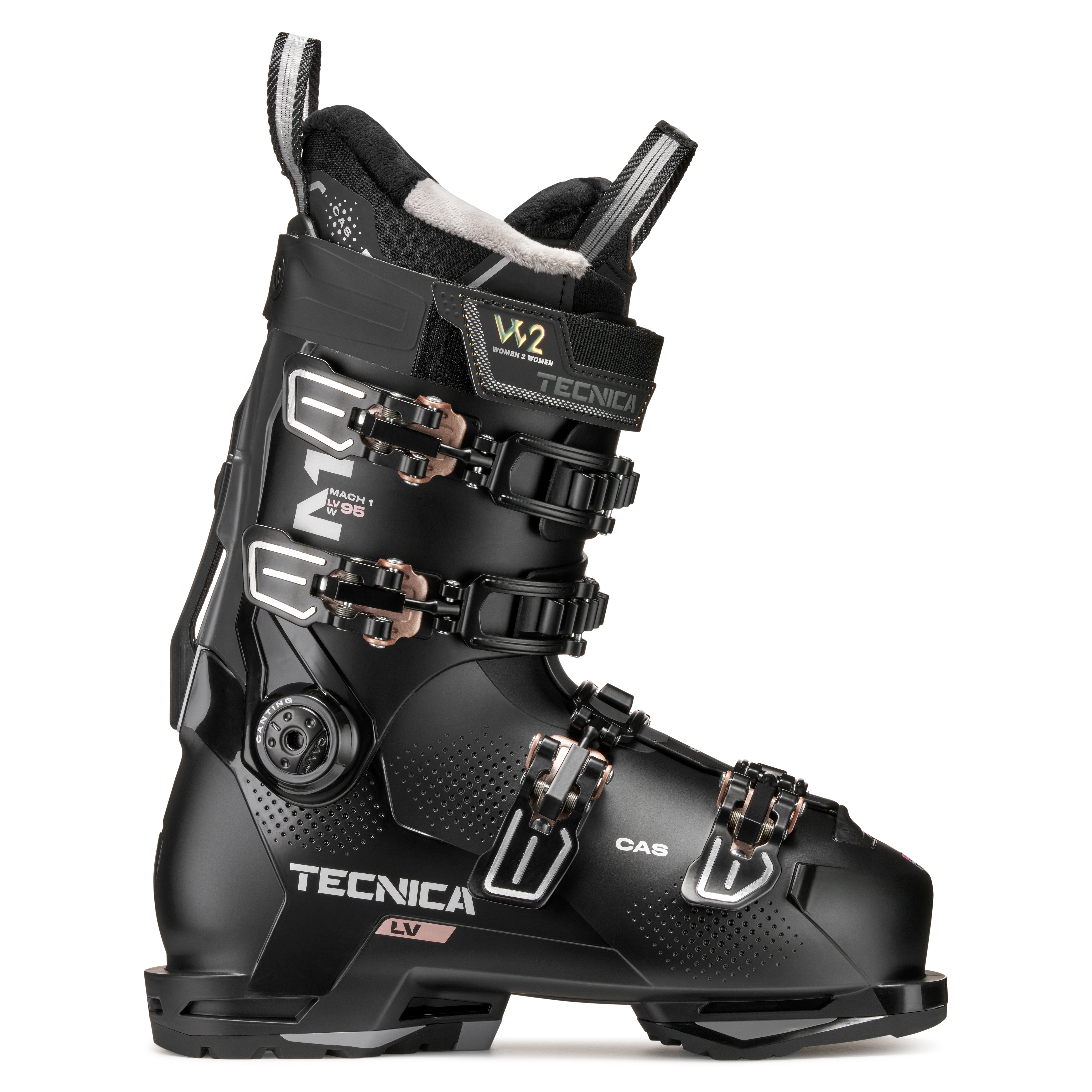 The Tecnica Mach1 LV 95 for women is mostly all black except a few pops of grey.