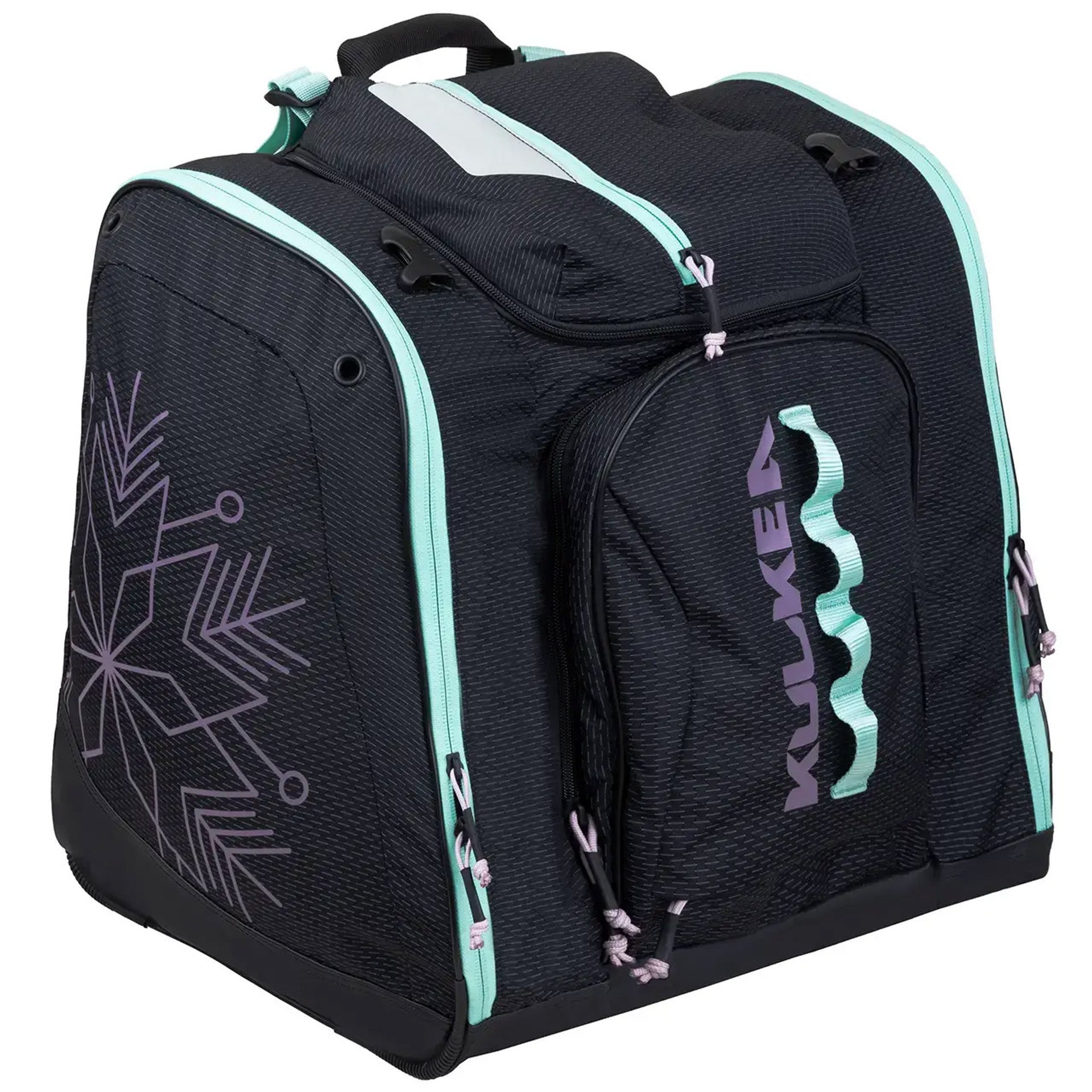 Ski boot bag with a pocket no the outsides for each boot and a spcae in the middle for other items.