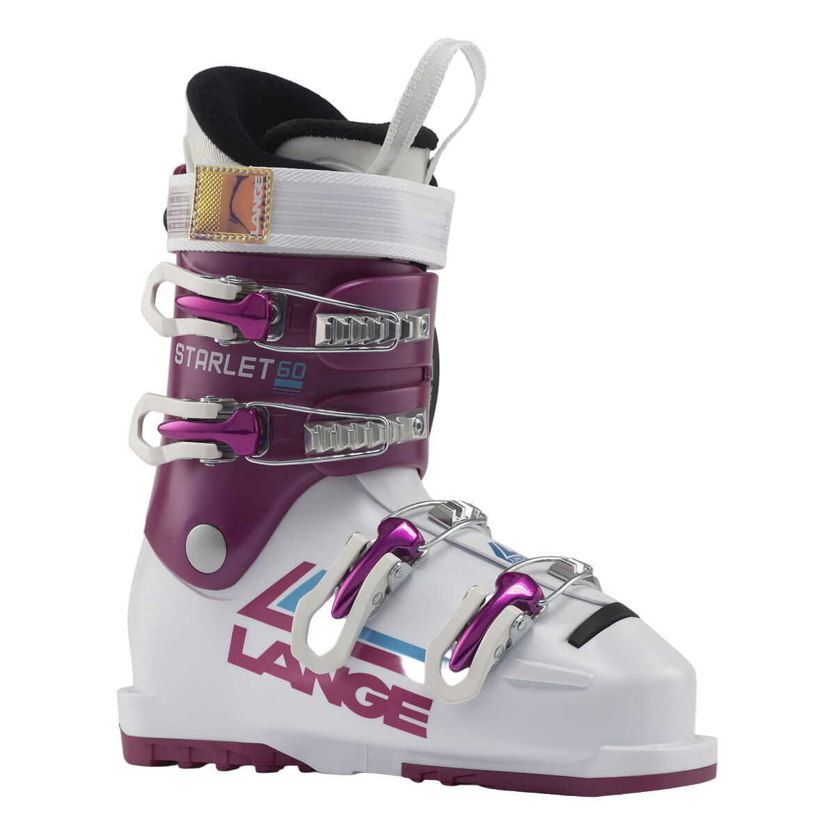 Junior Starlet 60 is white with a purple cuff and four buckles.