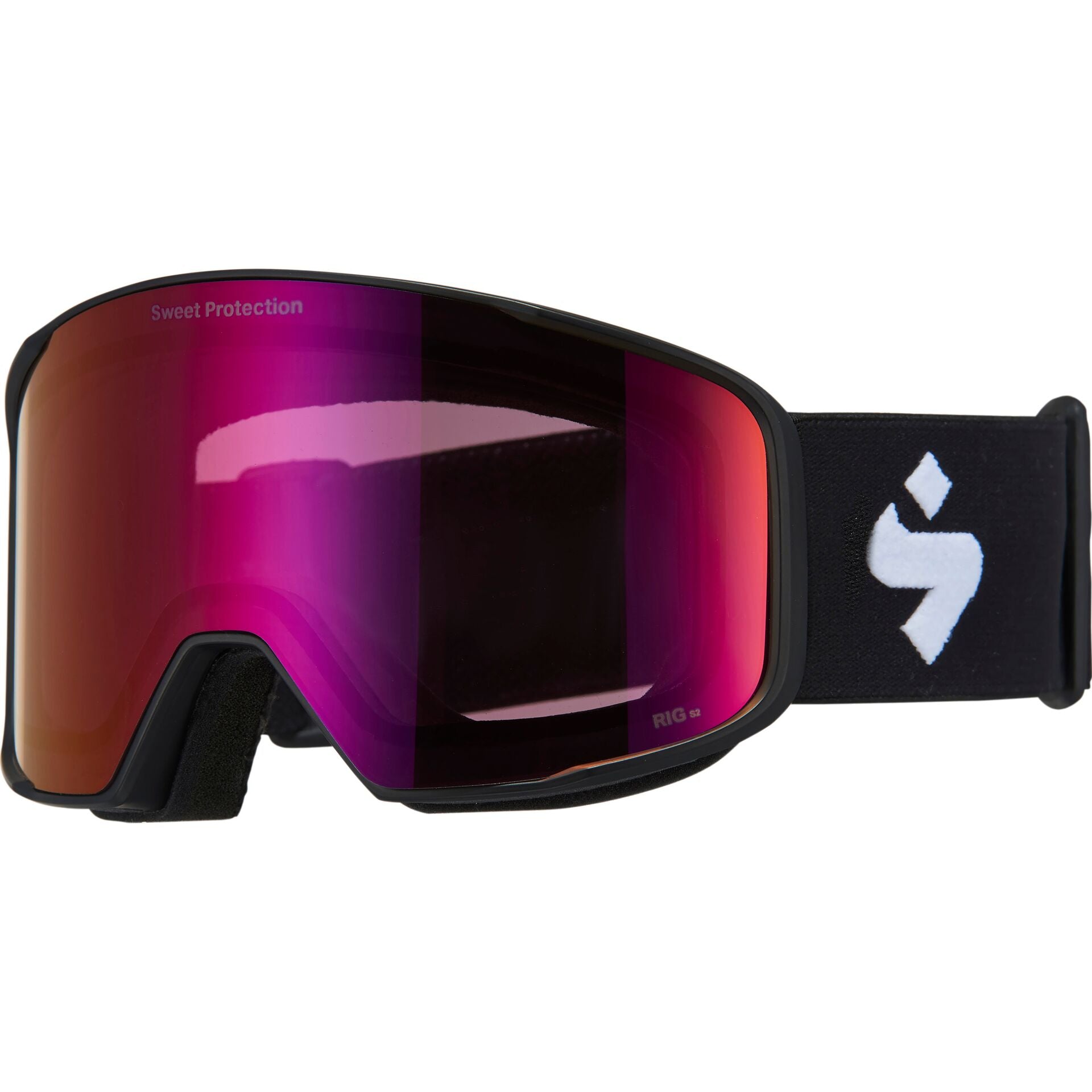Sweet goggle that has a black strap and white logo