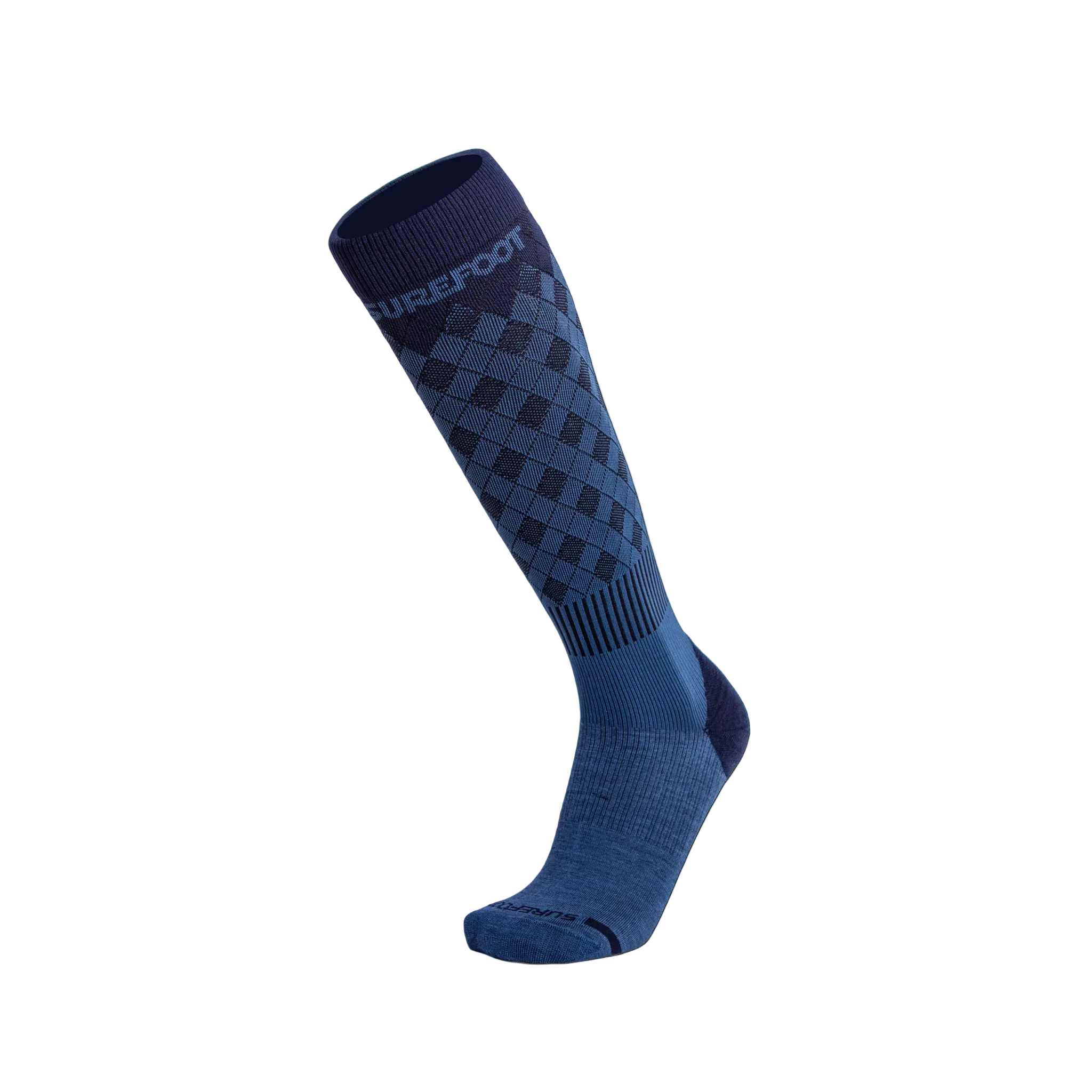 dark blue tall ski sock with diamond pattern