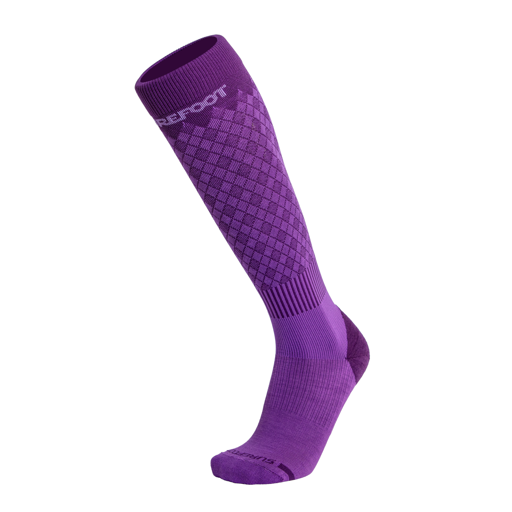Purple knee-high wool ski sock with a checkered pattern on a white background and Surefoot branding on top.