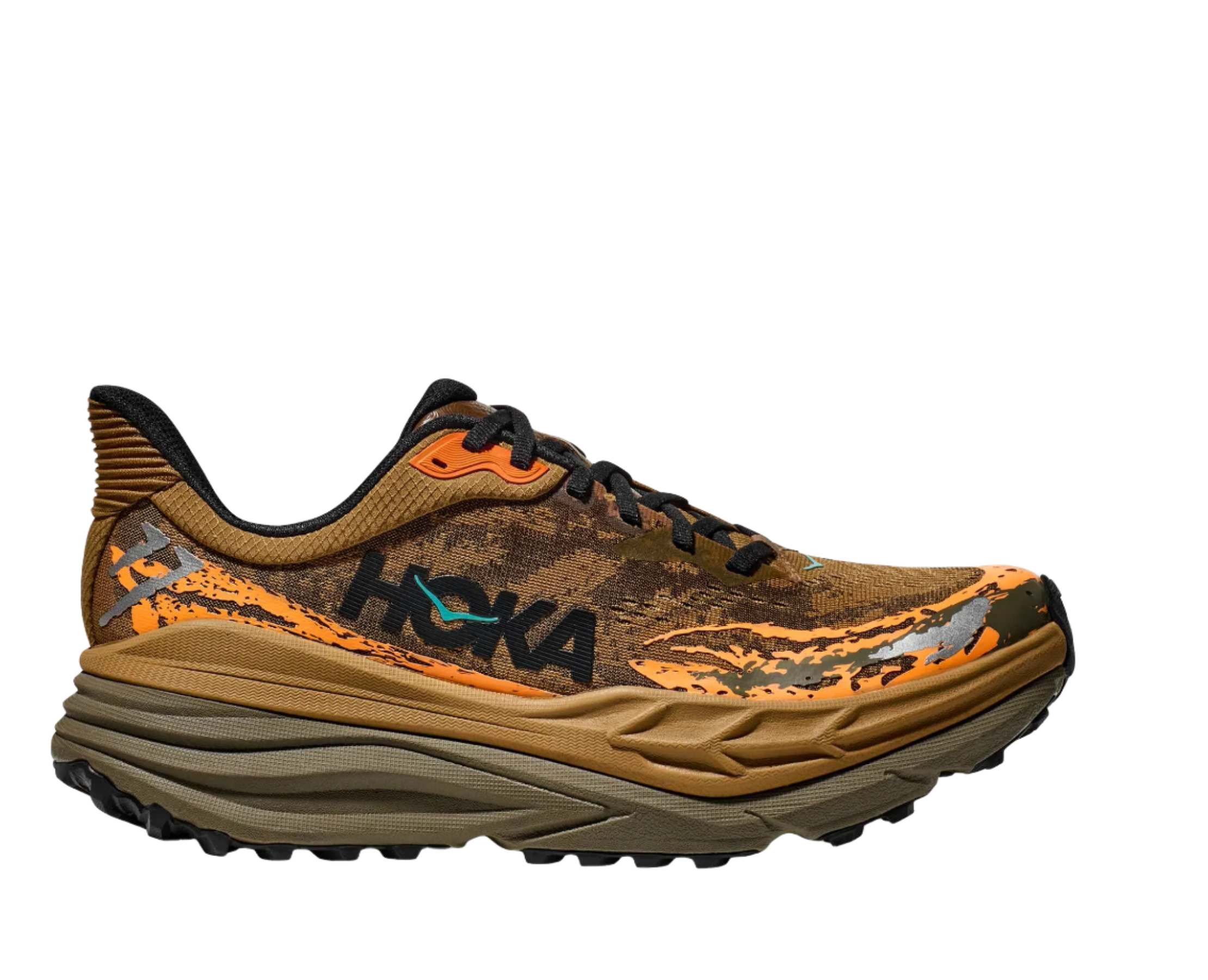 This brown orange color goes along the entire shoe, it is speckled across the fabric. the sole is brown and green.