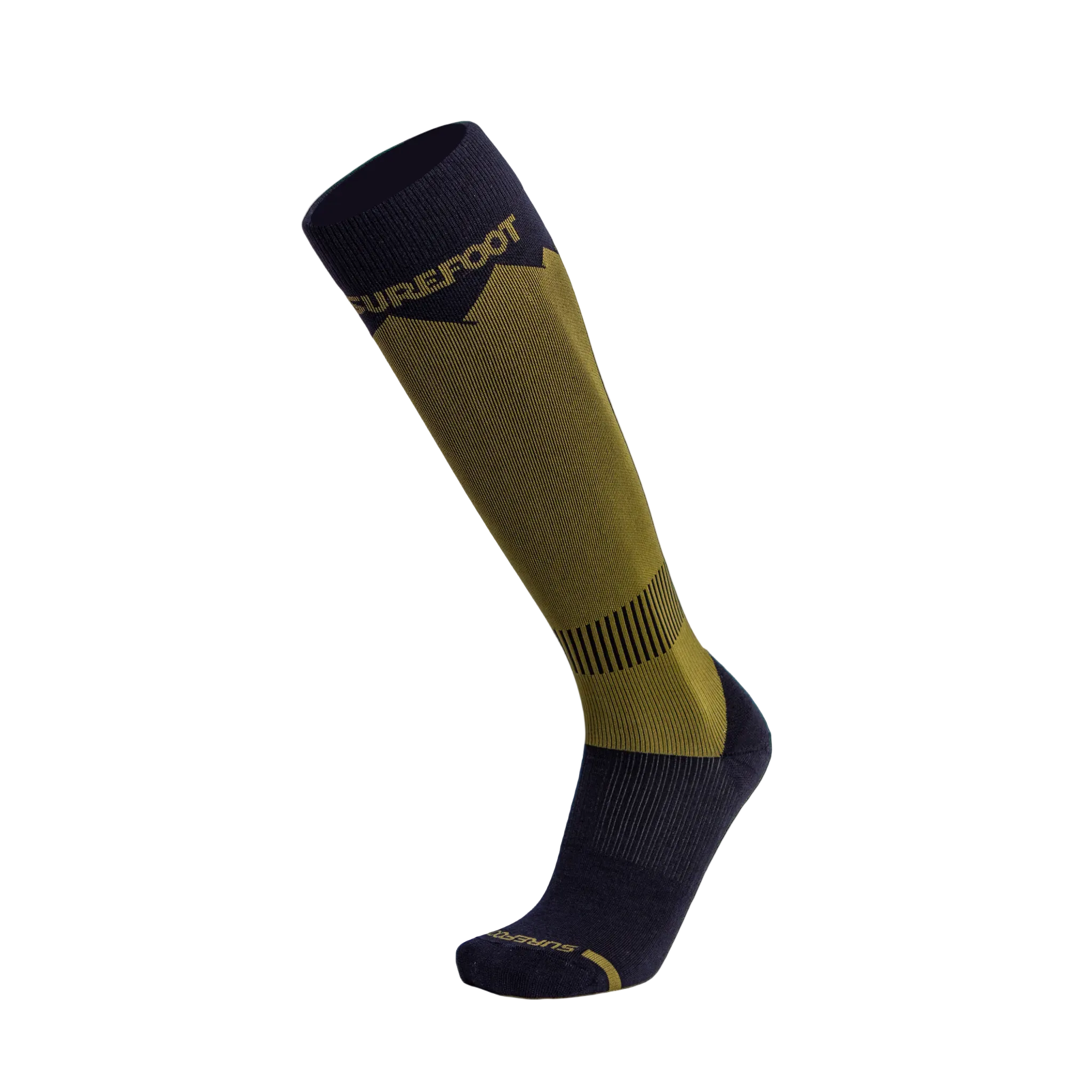 A merino wool ski sock from Surefoot with olive and black colorways.