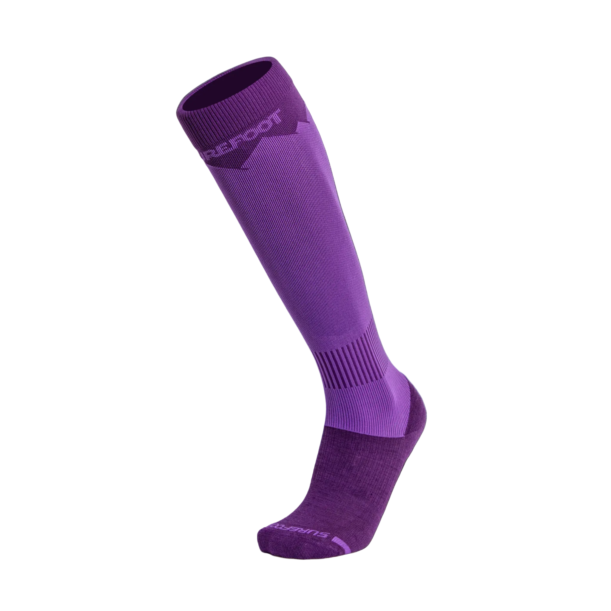 Purple knee-high merino wool ski sock with a Surefoot brand logo on a white background.