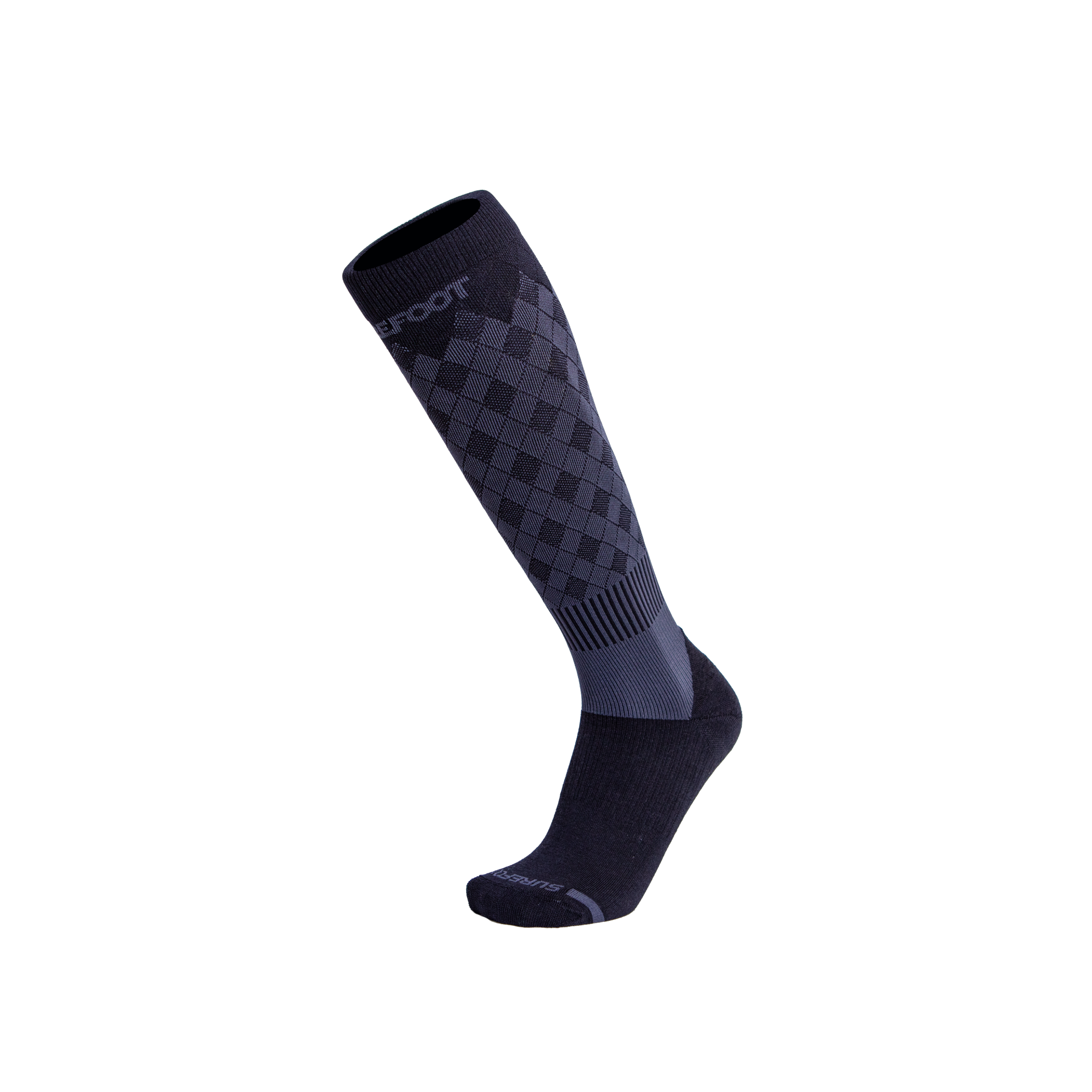 Black knee-high sock with checkered pattern on a white background
