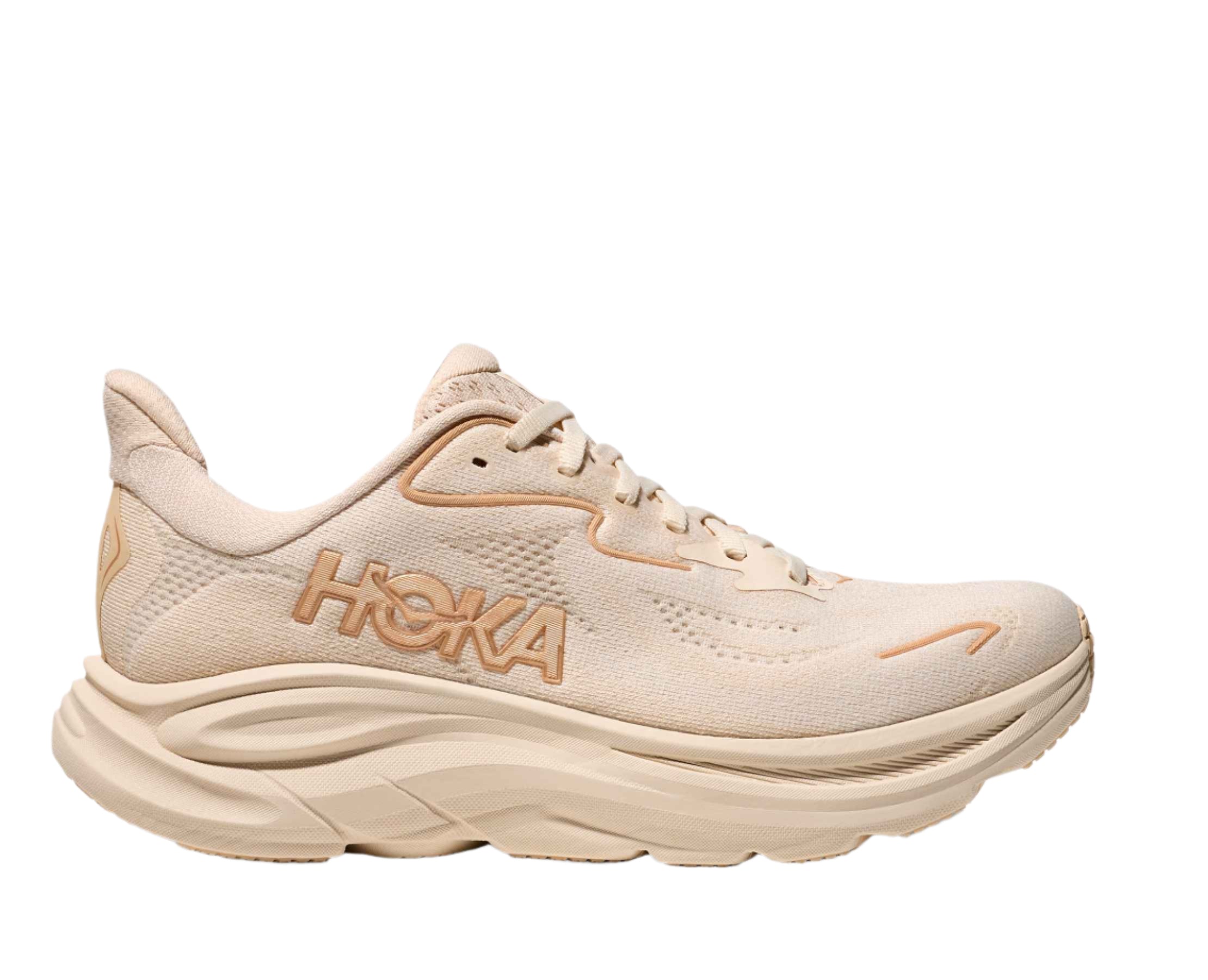 the full shoe is a vanilla or cream color. The outside of the shoe  has the HOKA label in a slightly darker shade of the same color.