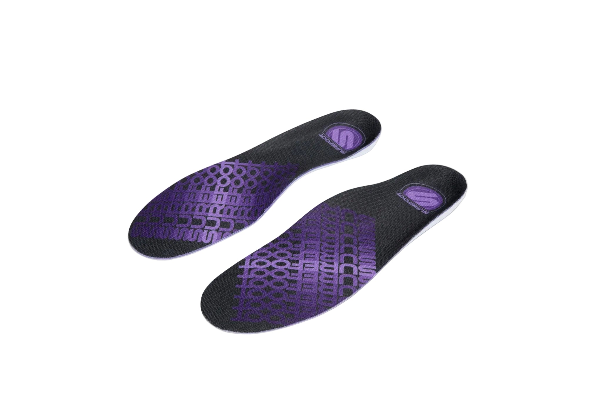Pair of purple shoe insoles on a white background