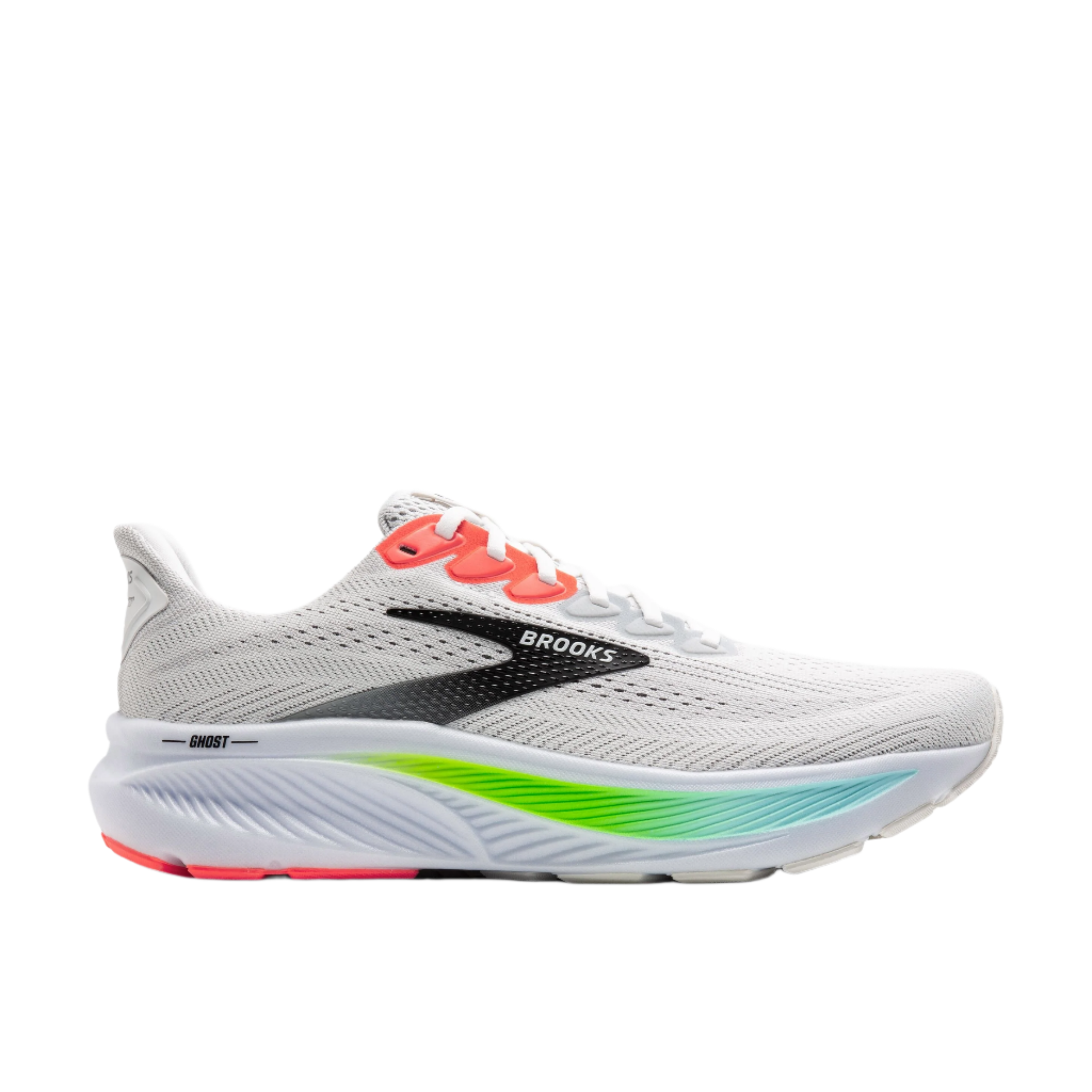 a mainly white shoe with the sole having a green to blue stripe.